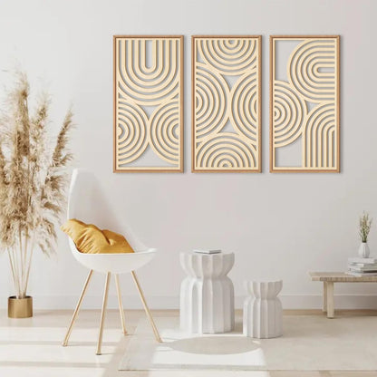 Geometric Wood Wall Art Wooden Abstract Geometric Boho Art Wall Decor Minimalist Wall Art Framed 3 Pieces Wall Art for Living Room Bedroom 16"X32"