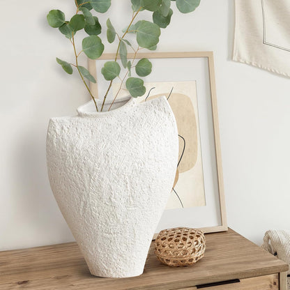 Large Ceramic Vase for Decor Living Room, 11 Inch Tall White Ceramic Flower Vases, Boho Vase for Farmhouse Home Decor, Stone Textured Modern Nordic Artisan Vases for Centerpiece, Leak Proof