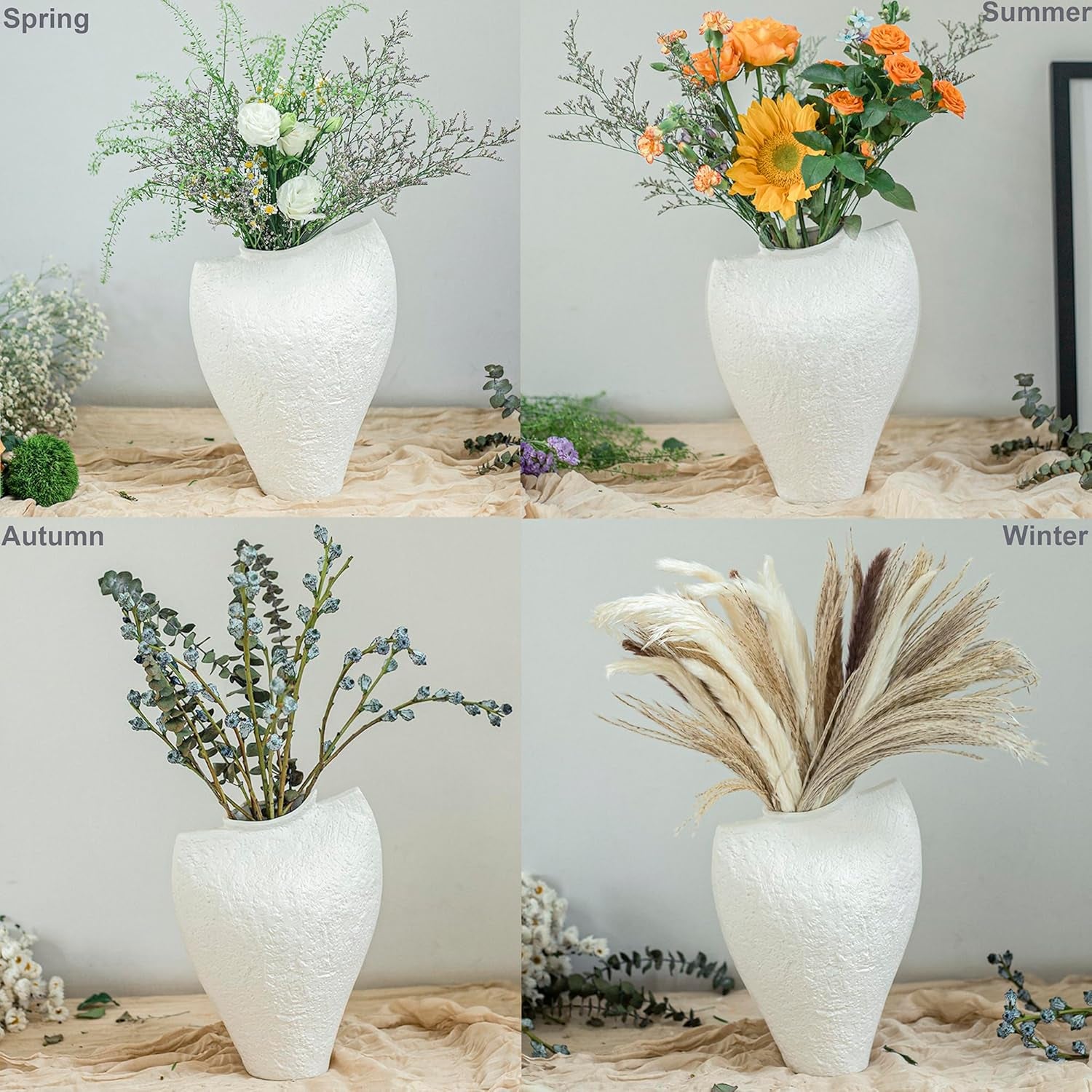 Large Ceramic Vase for Decor Living Room, 11 Inch Tall White Ceramic Flower Vases, Boho Vase for Farmhouse Home Decor, Stone Textured Modern Nordic Artisan Vases for Centerpiece, Leak Proof