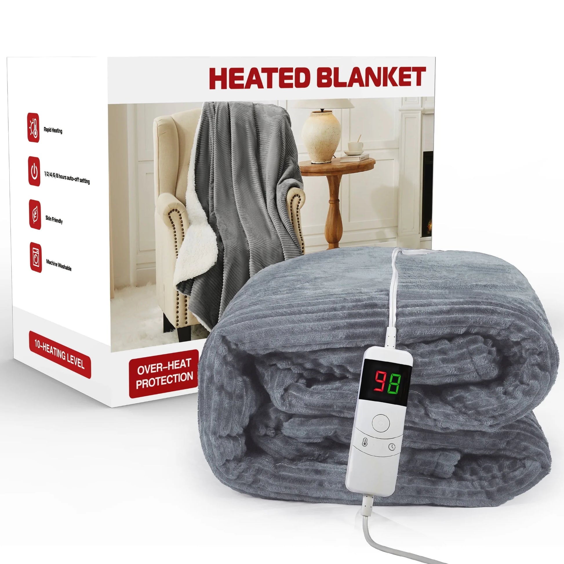 62"X84" Heated Electric Blanket Fast Heating Lap Flannel Blankets, 1/2/4/6/8 Hours Auto-Off 10 Heat Level Winter Throw Blankets, Over-Heat Protection Flannel Heater Throws, Machine Washable, Grey