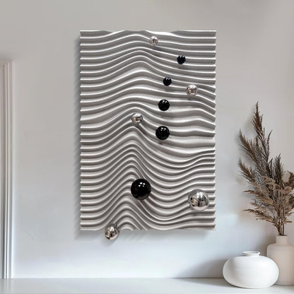 3D Wall Art Textured Art Wood Wall Decor Black and White Wall Art Modern Wall Sculptures Black Metal Ball for Living Room Wall Decor Dining Room Decor 23.6“X35.4”