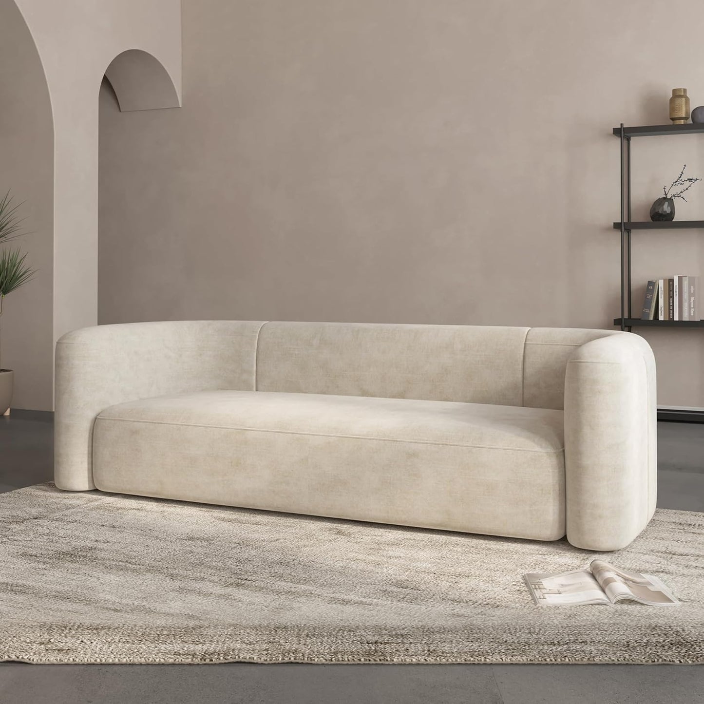 Luxury Modern Tight Curved Back Velvet Sofa, Minimalist Style Comfy Couch for Living Room Apartment, 3 Seater, Cream