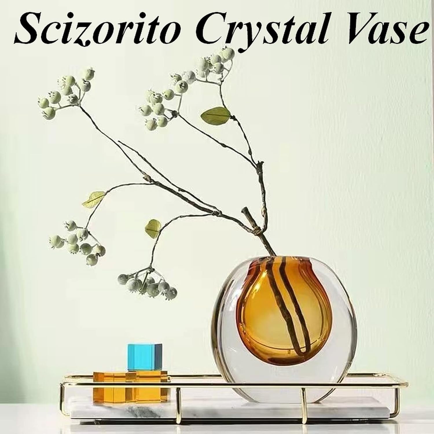 Crystal Vase, Modern Decorative Vase, Minimalist Floral Vase, Light Luxury Style for Home Decor, Centerpiece, Office, Pampas Grass, Dried Flowers, Flowers and Buds (Amber)