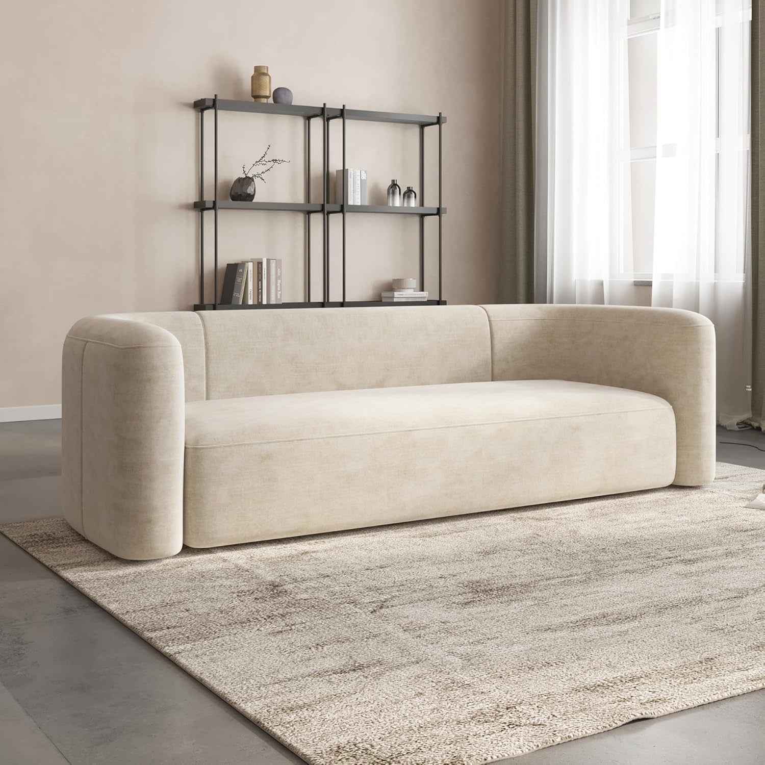 Luxury Modern Tight Curved Back Velvet Sofa, Minimalist Style Comfy Couch for Living Room Apartment, 3 Seater, Cream