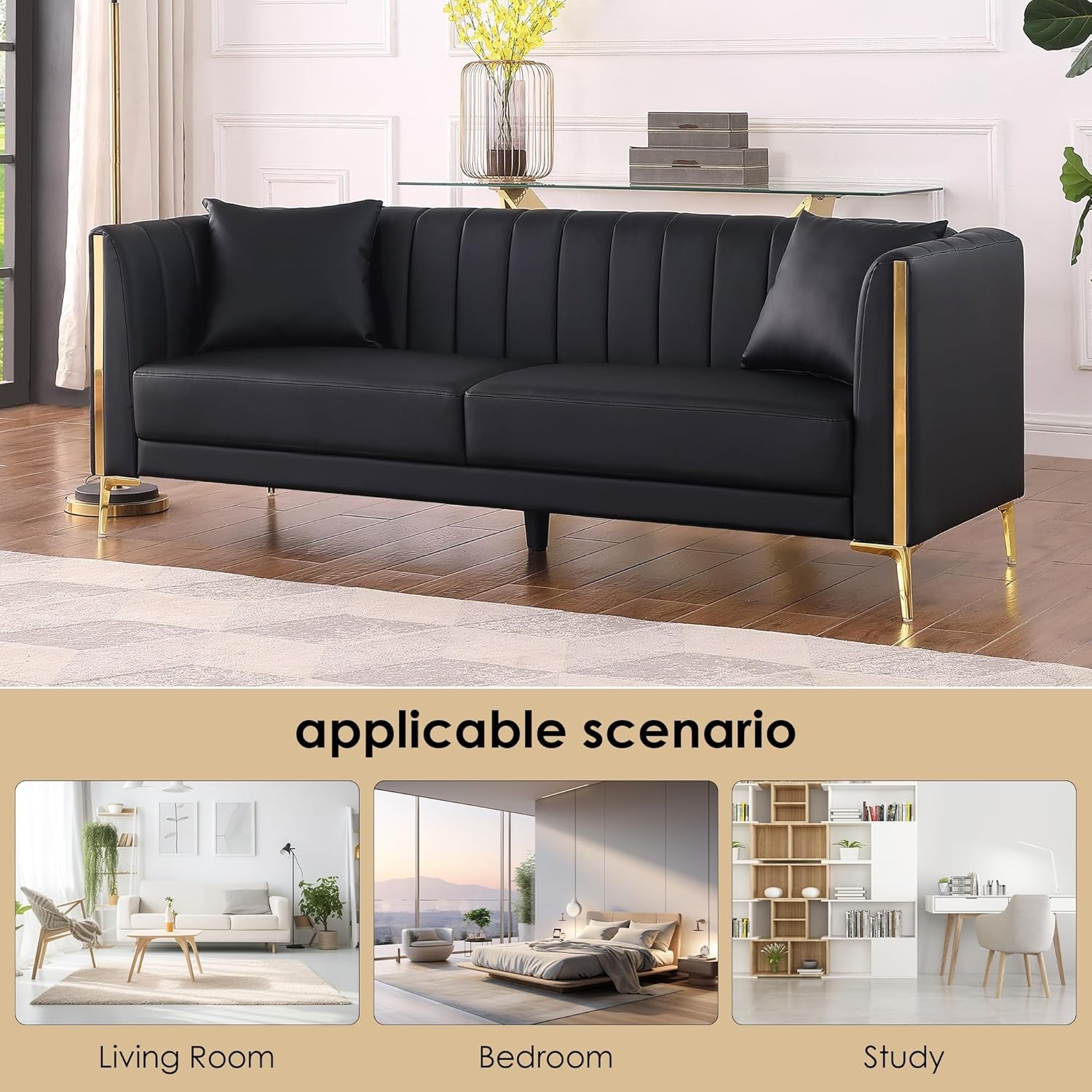 78'' Sofa, Black Sofas Couches for Living Room, Comfy Sofa Faux Leather Sofa 3 Seater Sofa with 2 Throw Pillows and Gold Metal Legs, Deep Seat Sofas for Living Room (Black)