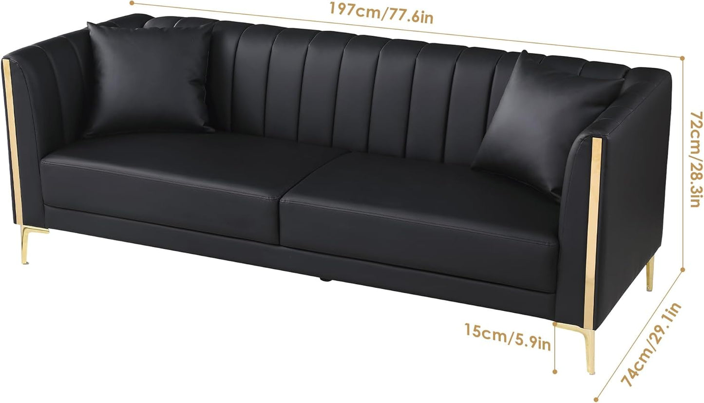 78'' Sofa, Black Sofas Couches for Living Room, Comfy Sofa Faux Leather Sofa 3 Seater Sofa with 2 Throw Pillows and Gold Metal Legs, Deep Seat Sofas for Living Room (Black)