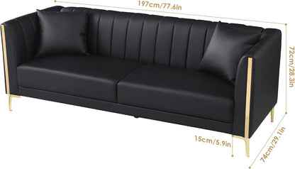 78'' Sofa, Black Sofas Couches for Living Room, Comfy Sofa Faux Leather Sofa 3 Seater Sofa with 2 Throw Pillows and Gold Metal Legs, Deep Seat Sofas for Living Room (Black)