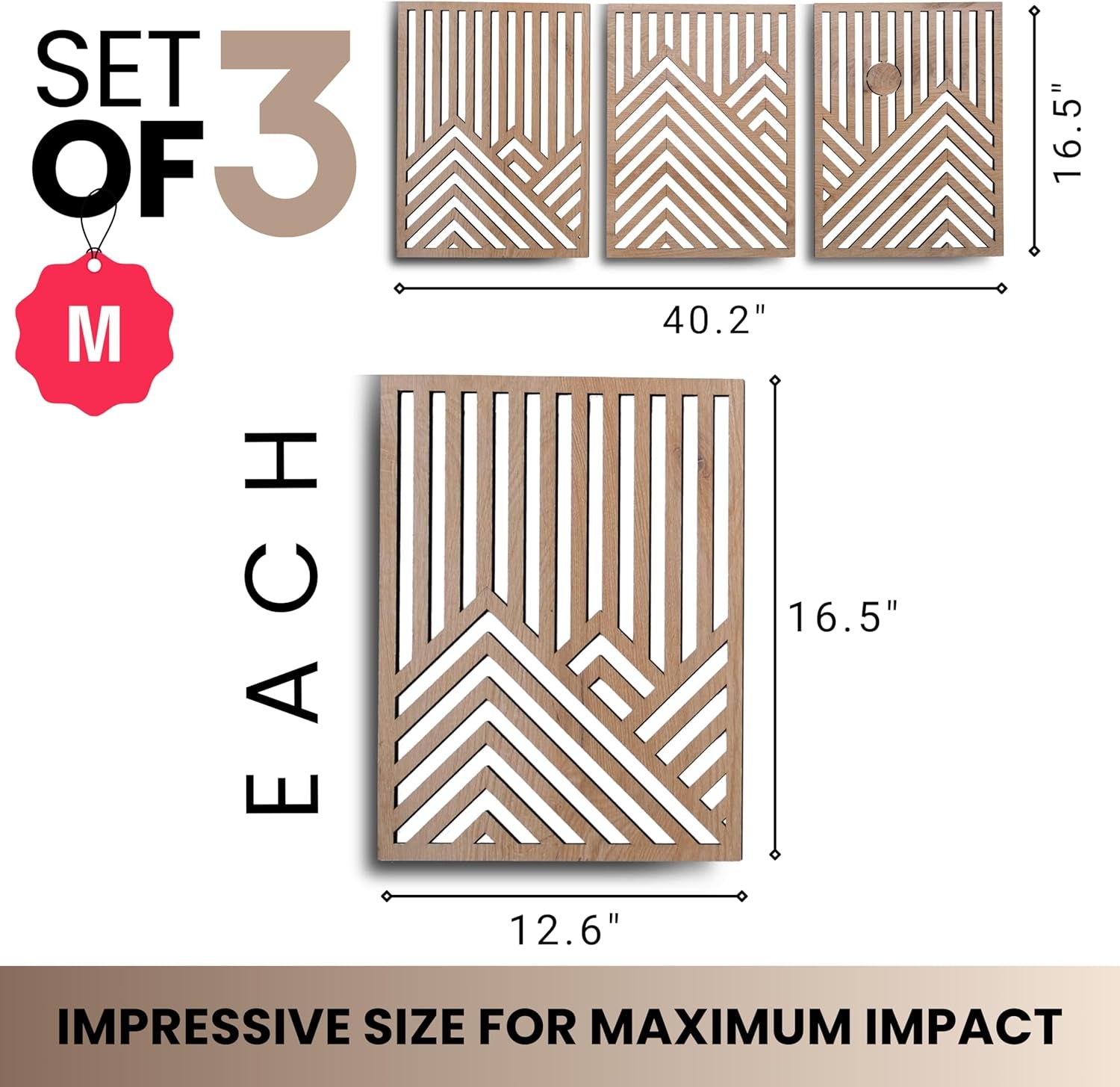 Modern Mountain and Sun Wall Sculptures - Set of 3 - Oak - Home Decor Accent - Wall Art for Living Room, Bedroom, Office - Easy Installation (Oak, Medium)