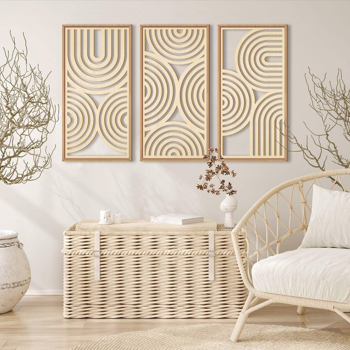 Geometric Wood Wall Art Wooden Abstract Geometric Boho Art Wall Decor Minimalist Wall Art Framed 3 Pieces Wall Art for Living Room Bedroom 16"X32"