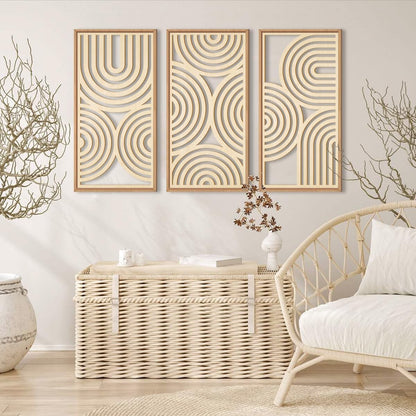 Geometric Wood Wall Art Wooden Abstract Geometric Boho Art Wall Decor Minimalist Wall Art Framed 3 Pieces Wall Art for Living Room Bedroom 16"X32"