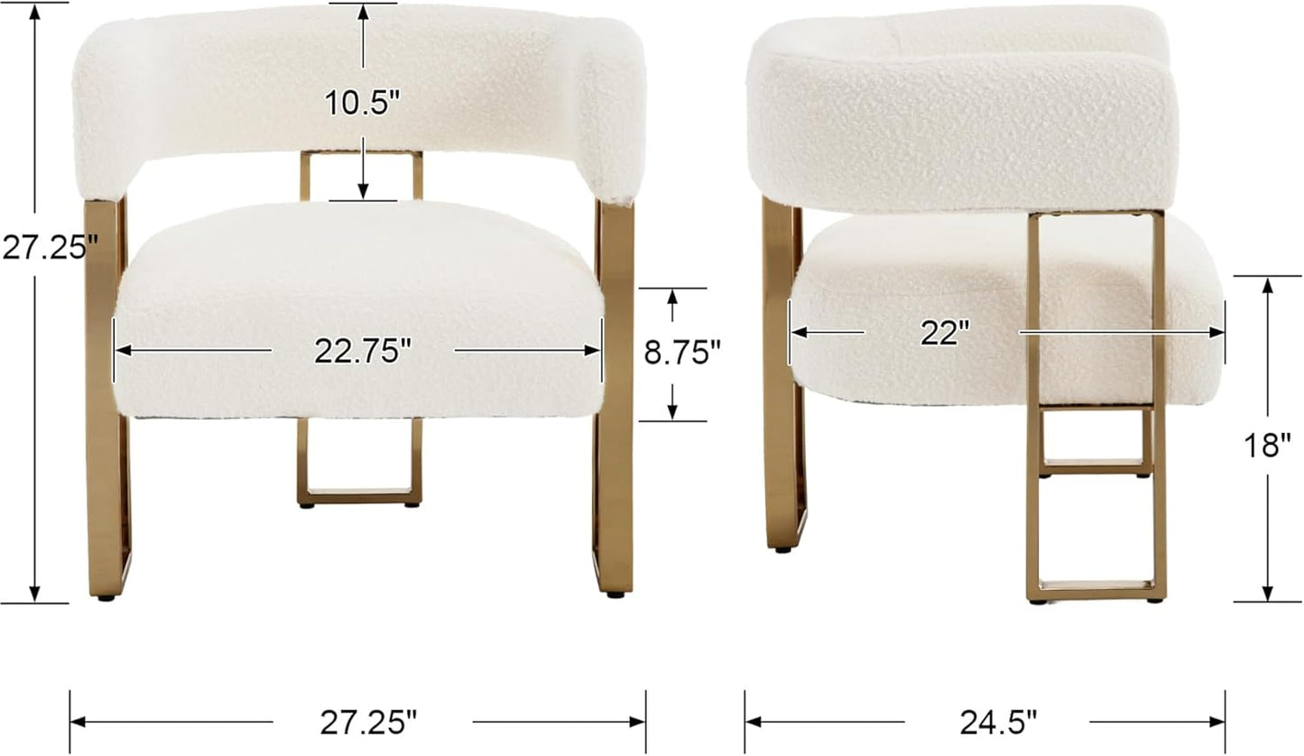 Boucle Accent Chairs Set of 2, Modern Upholstered Barrel Chairs with Metal Legs, Comfy Club Chair Single Corner Sofa Armchair for Bedroom Reception, White