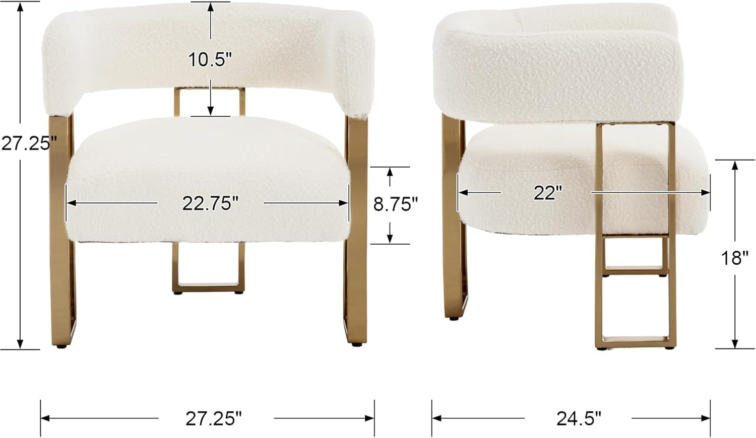 Boucle Accent Chairs Set of 2, Modern Upholstered Barrel Chairs with Metal Legs, Comfy Club Chair Single Corner Sofa Armchair for Bedroom Reception, White