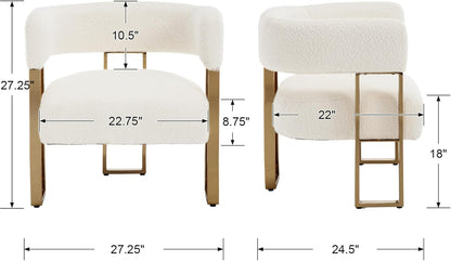 Boucle Accent Chairs Set of 2, Modern Upholstered Barrel Chairs with Metal Legs, Comfy Club Chair Single Corner Sofa Armchair for Bedroom Reception, White