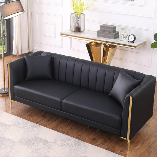 78'' Sofa, Black Sofas Couches for Living Room, Comfy Sofa Faux Leather Sofa 3 Seater Sofa with 2 Throw Pillows and Gold Metal Legs, Deep Seat Sofas for Living Room (Black)