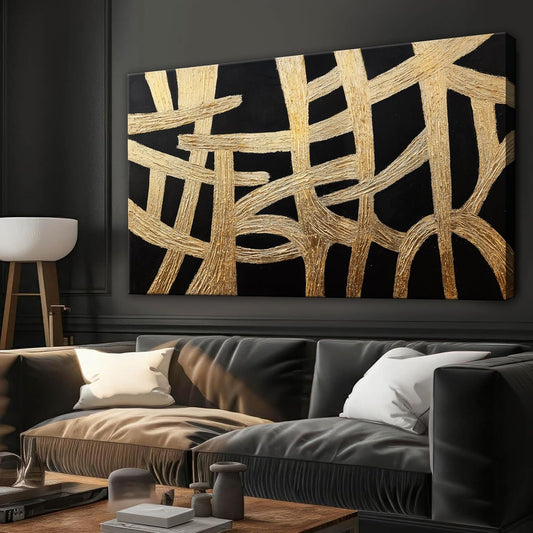 Abstract Wall Art Paintings Wall Decor Large Canvas Wall Art Decor Black and Gold Lines Texture Wall Art Artwork Modern Minimalist Wall Art Living Room Decor for Room Bedroom Office Wall Decor 29"X58"