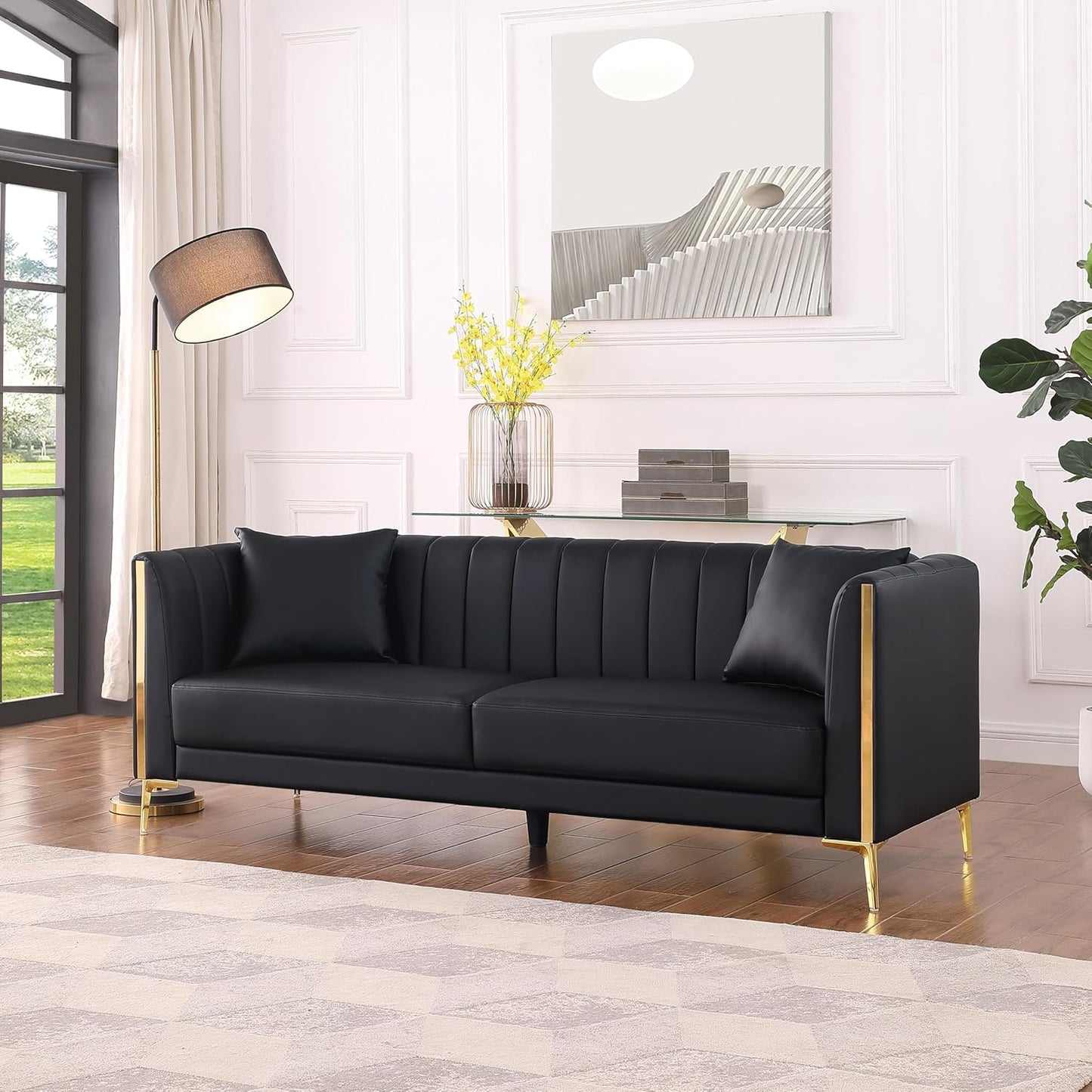 78'' Sofa, Black Sofas Couches for Living Room, Comfy Sofa Faux Leather Sofa 3 Seater Sofa with 2 Throw Pillows and Gold Metal Legs, Deep Seat Sofas for Living Room (Black)