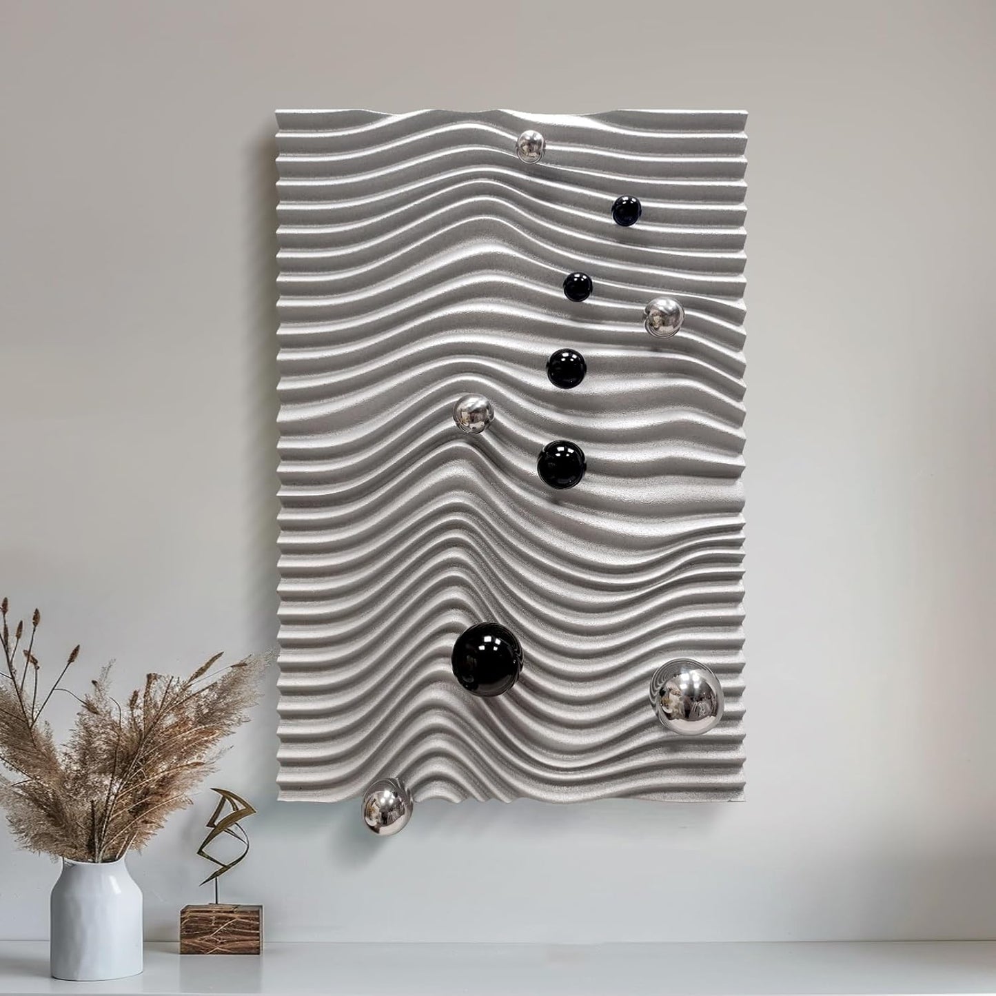 3D Wall Art Textured Art Wood Wall Decor Black and White Wall Art Modern Wall Sculptures Black Metal Ball for Living Room Wall Decor Dining Room Decor 23.6“X35.4”