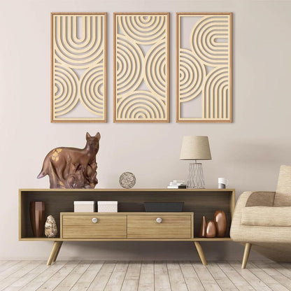 Geometric Wood Wall Art Wooden Abstract Geometric Boho Art Wall Decor Minimalist Wall Art Framed 3 Pieces Wall Art for Living Room Bedroom 16"X32"